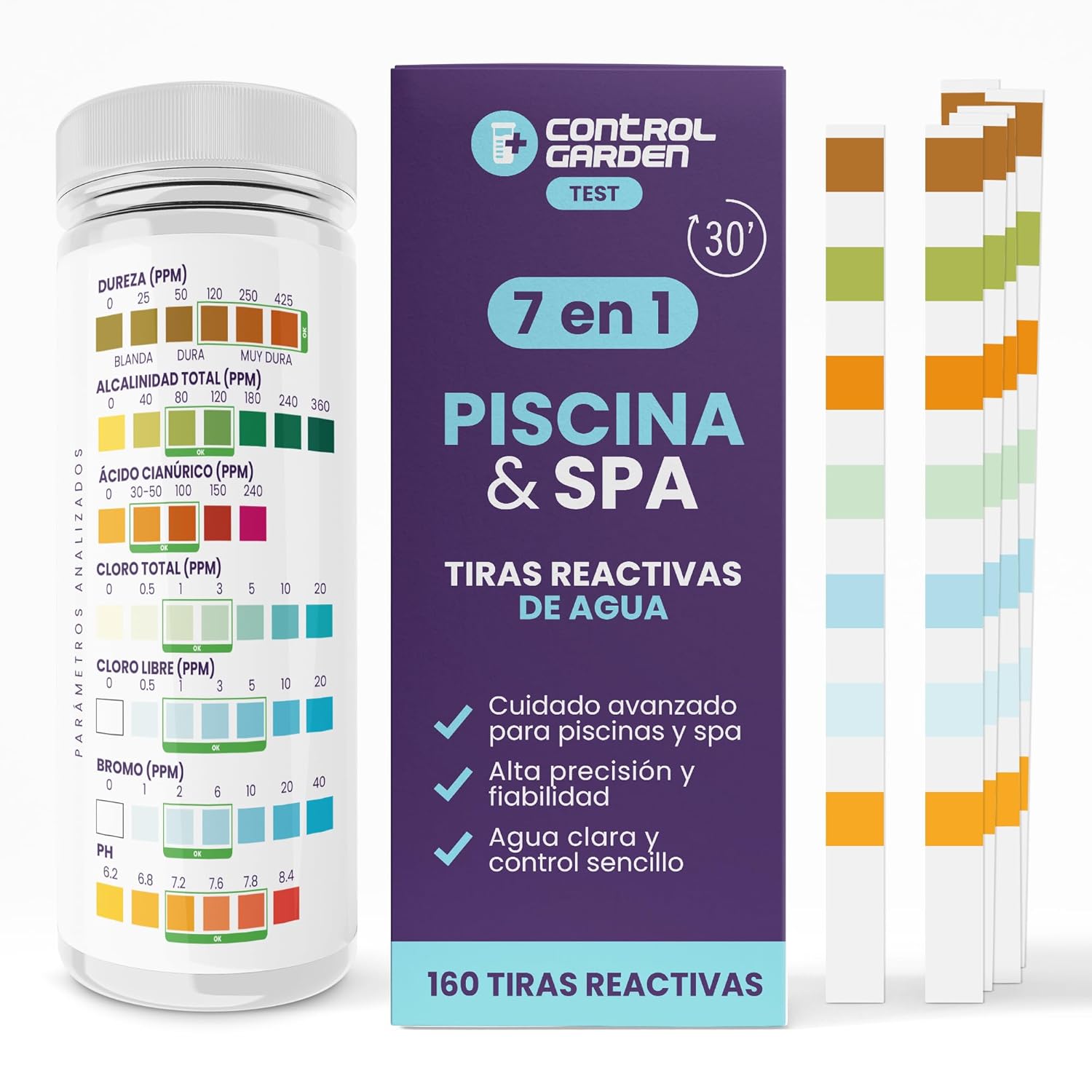 Strisce di test pH 7 in 1 per piscine e spa · Confezione da 30 · Analisi pH, cloro e altro