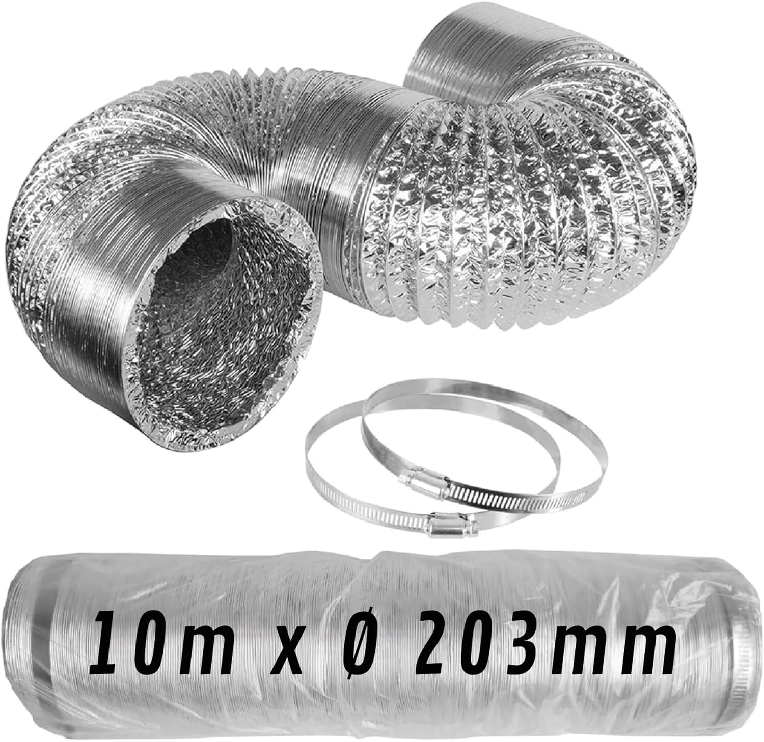 Condotto Flessibile in Alluminio Argento 10 m ø203 mm · Pack con Fascette