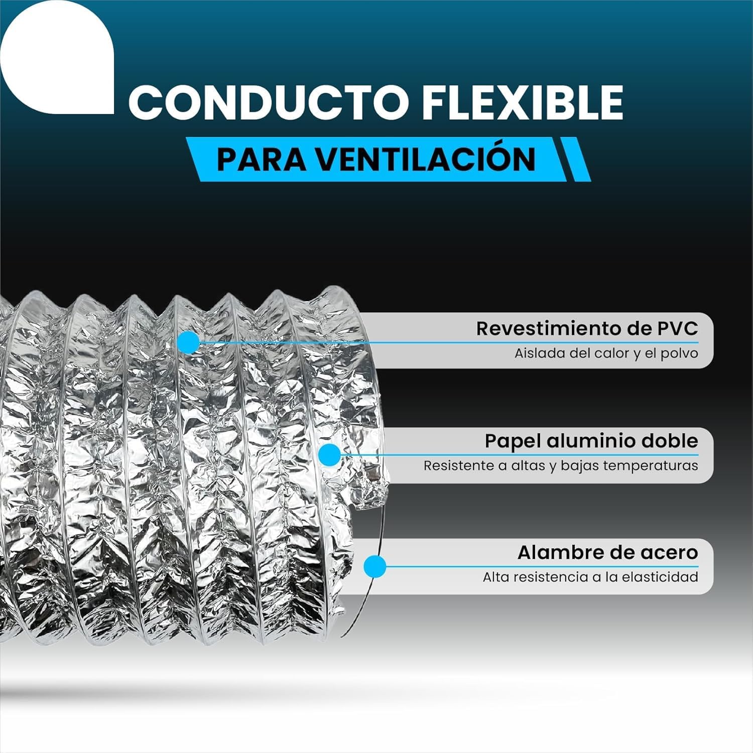 Tubo flexible de aluminio plateado de 203 mm y 5 m con abrazaderas para ventilación · foto 2