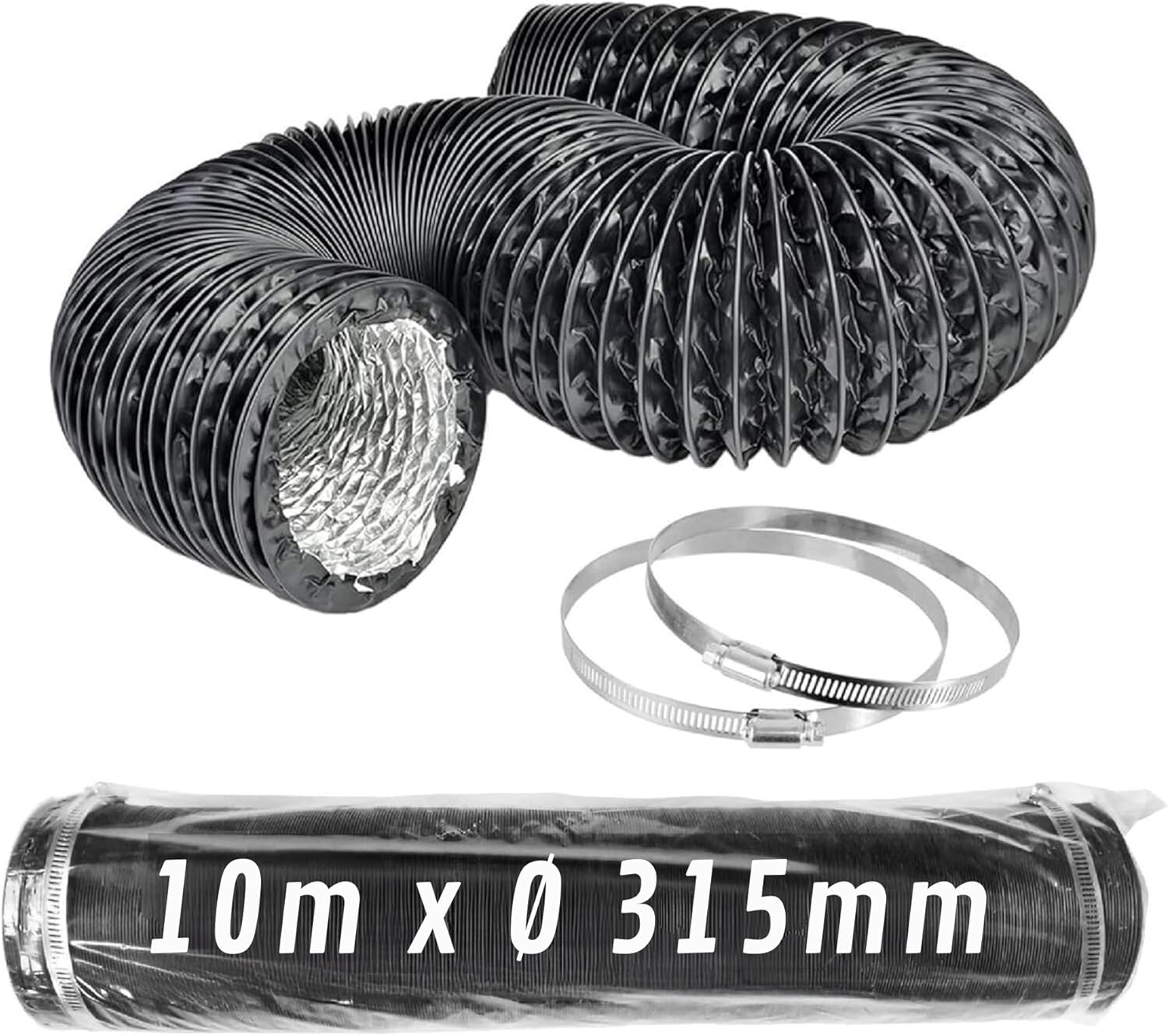 Condotto Flessibile in Alluminio Nero Ø 315 mm 10 m con Fascette · Pack 1 pz