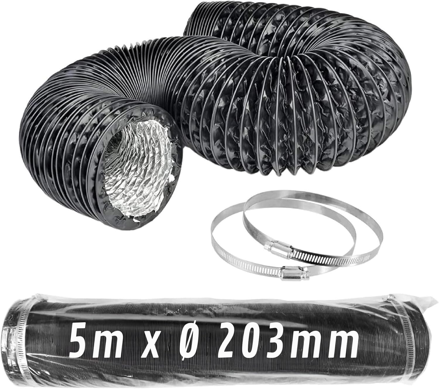 Condotto flessibile in alluminio nero Ø 203 mm x 5 m con morsetti · Pack 1 pz
