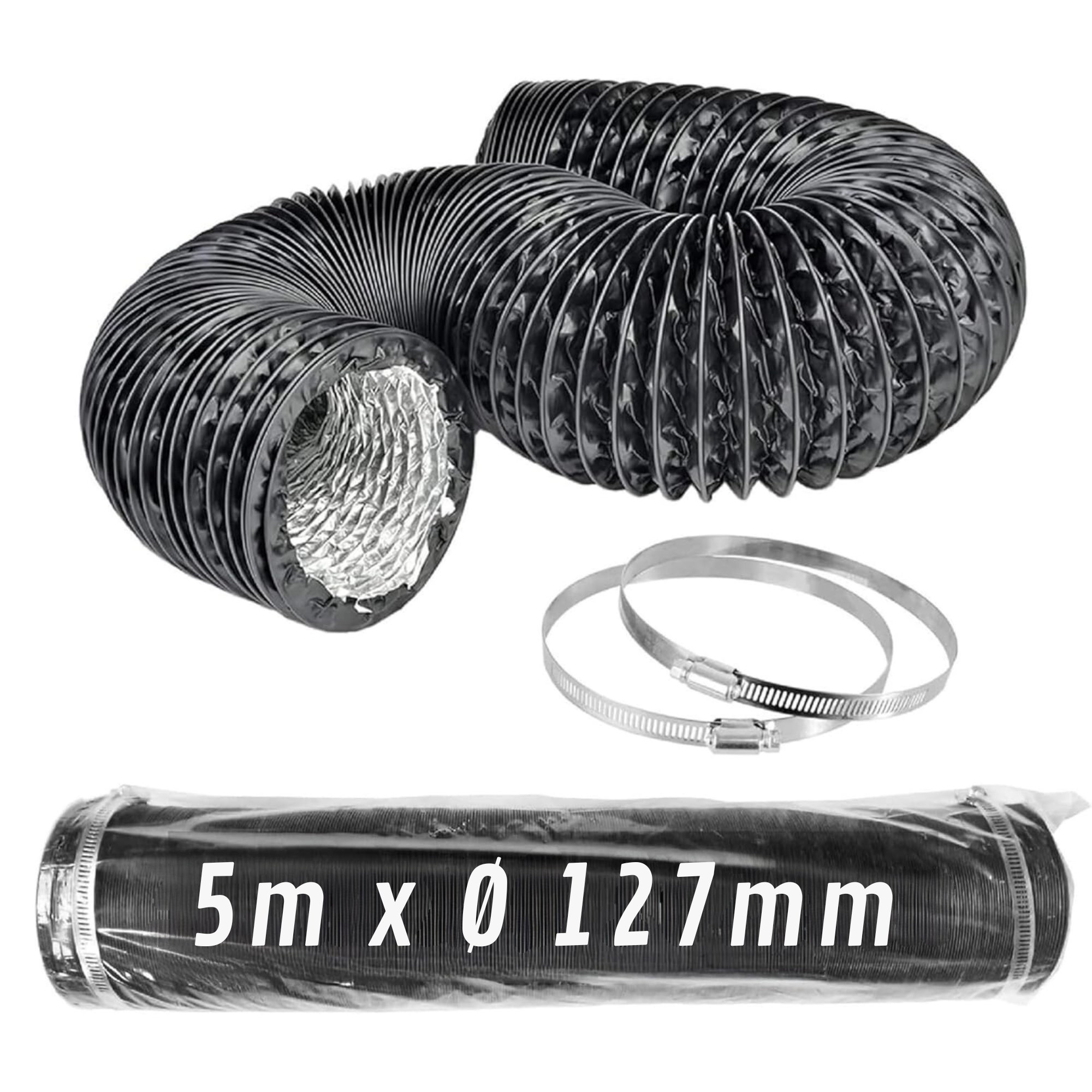 Condotto flessibile in alluminio nero Ø 127 mm x 5 m con morsetti · Pack 1 pz
