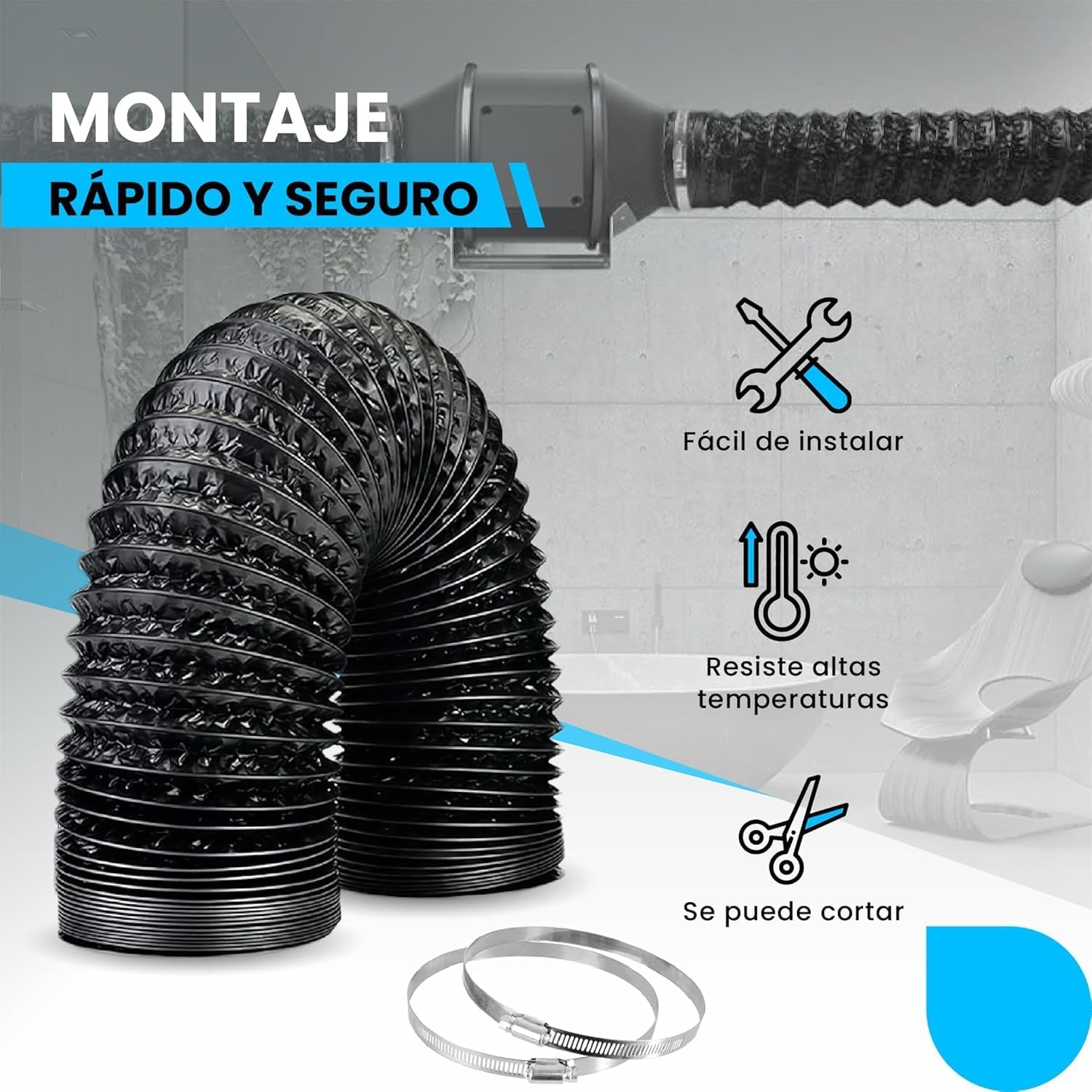 Conducto de aire flexible de aluminio negro de 5 metros y 102 mm de diámetro con abrazaderas. · foto 3